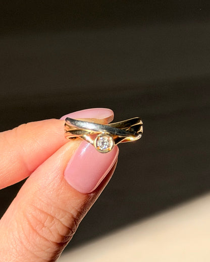 Vintage 18k Gold and Platinum Bezel Set Diamond Crossover Ring