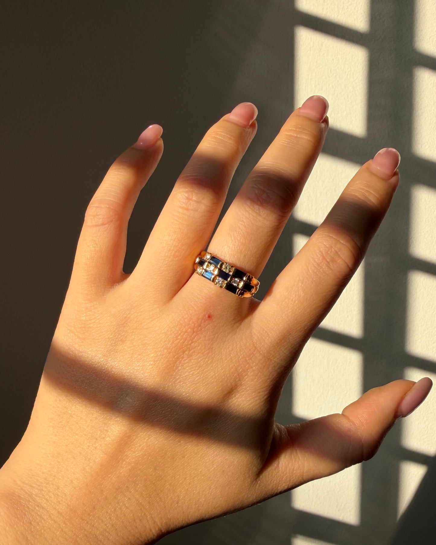 Vintage 18k Gold Baguette Sapphire and Diamond Checkered Ring