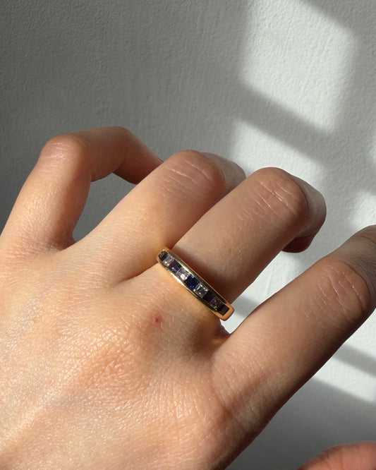Vintage 18k Gold Step-Cut Square Diamond and Sapphire Channel Set Stackable Ring
