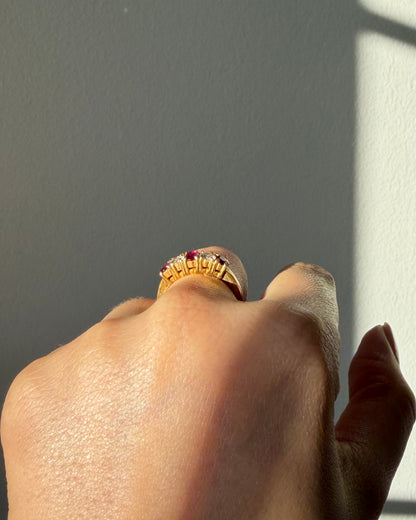 Vintage 18k Oval Ruby and Round Diamond Chunky Band Stackable Ring