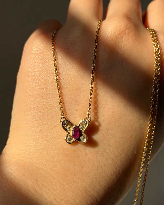 Vintage 18k Gold Marquise Cut Ruby and Diamond Butterfly Motif Necklace