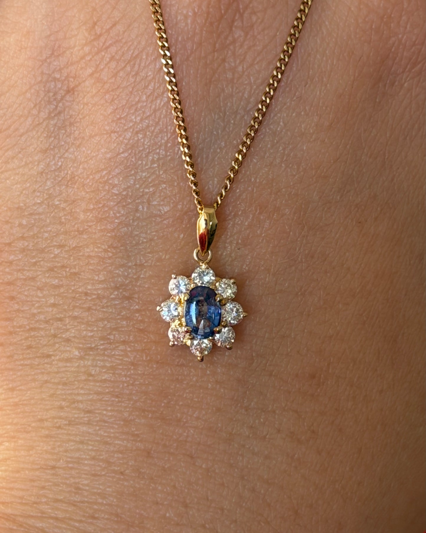 Vintage 18k Gold Medium Blue Oval Sapphire Diamond Halo Pendant