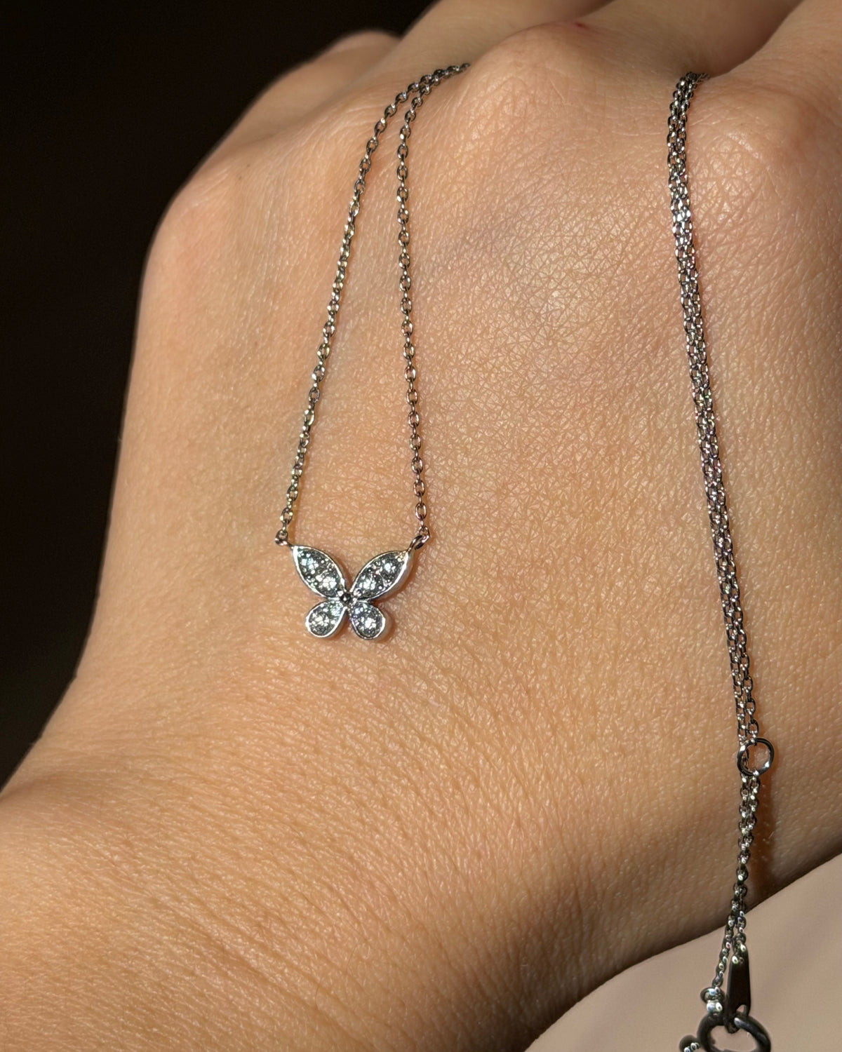 Vintage 18k White Gold Pave Diamond Butterfly Necklace