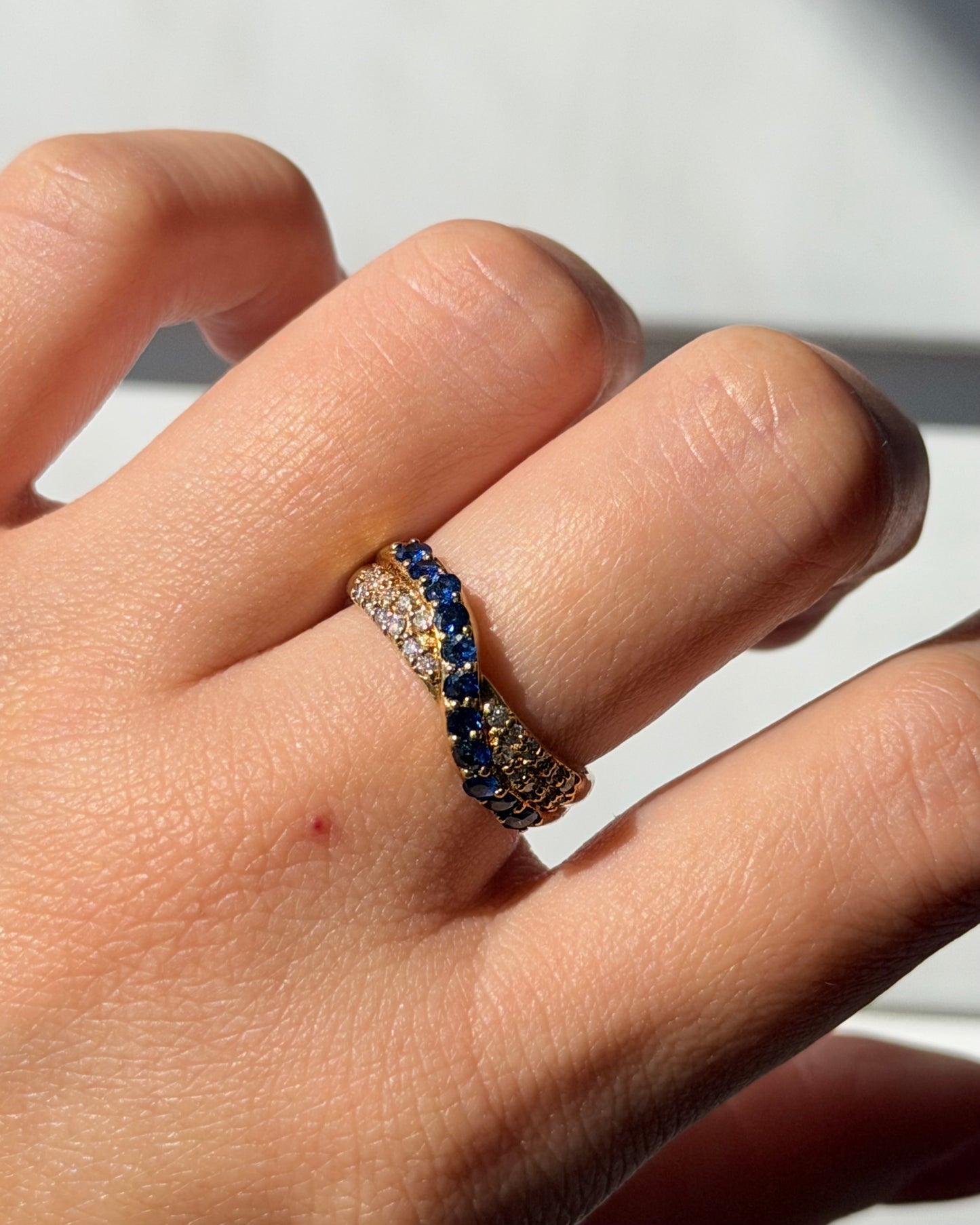 Vintage 18k Gold Pave Sapphire and Diamond Crossover Dome Ring