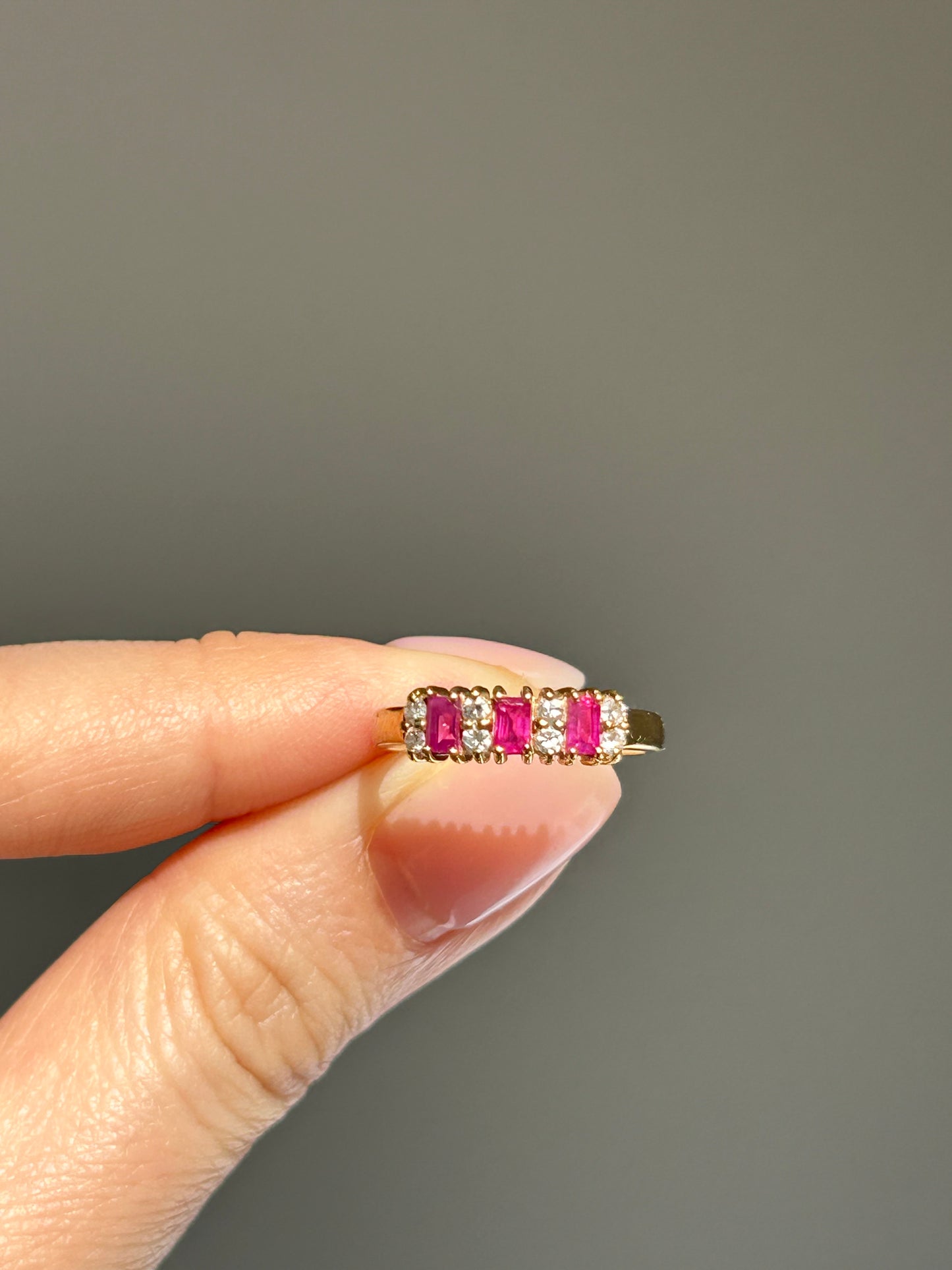 Vintage 18k Gold Baguette Ruby and Round Diamond Stacking Ring