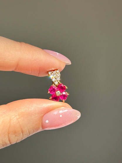 Vintage 18k Gold Heart Ruby Clover Pendant — Open Diamond Bail