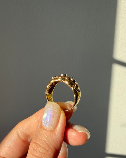 Vintage 18k Gold Open-Work Milgrain Detail Bezel Set Diamond Dome Bombe Ring