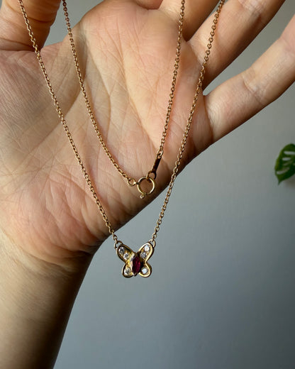 Vintage 18k Gold Marquise Cut Ruby and Diamond Butterfly Motif Necklace