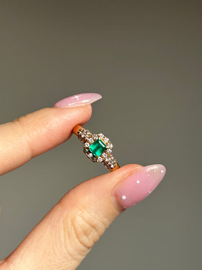 diamond halo emerald gold engagement ring