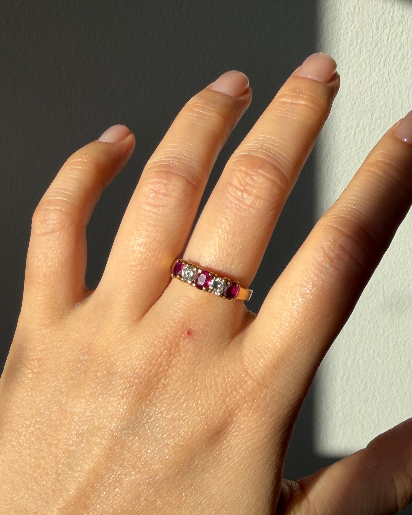 Vintage 18k Oval Ruby and Round Diamond Chunky Band Stackable Ring