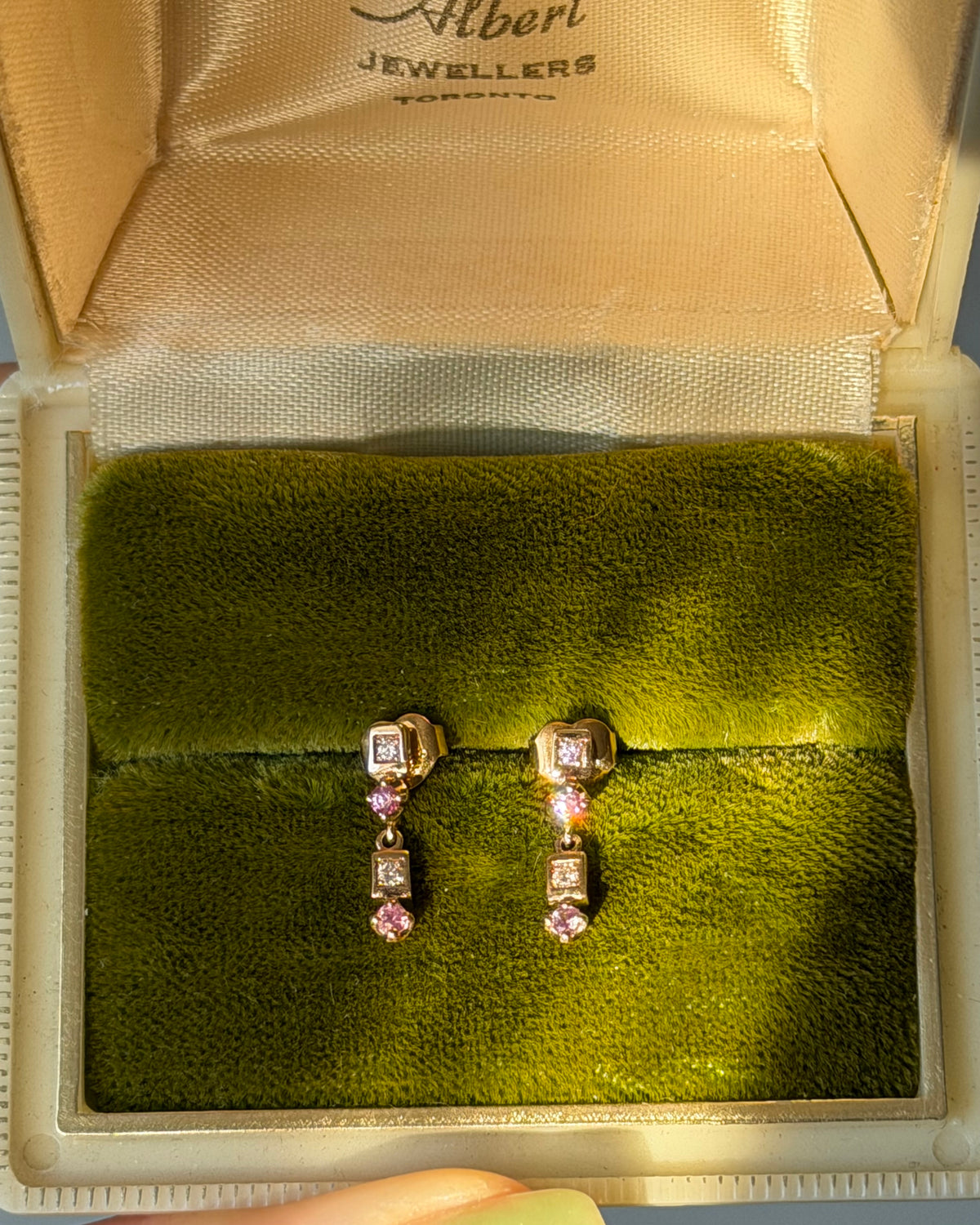 Vintage 18k Gold Pink Sapphire and Diamond Dangle Earrings