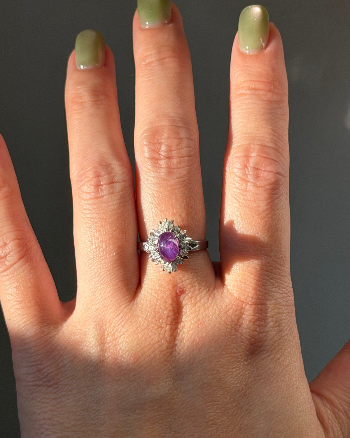 Vintage Platinum Star Sapphire Cabochon Diamond Ballerina Halo Ring