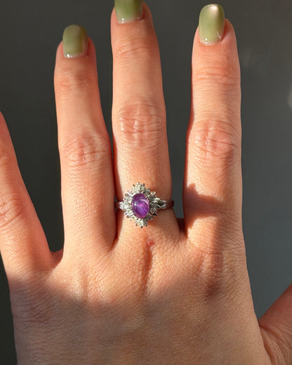 Vintage Platinum Star Sapphire Cabochon Diamond Ballerina Halo Ring