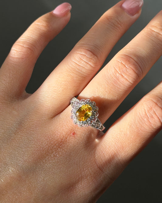 Vintage Platinum Yellow Oval Sapphire Diamond Halo Flower Ring