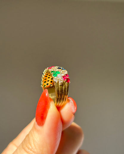 Vintage 18k Ruby Emerald Sapphire and Diamond Pave Ring