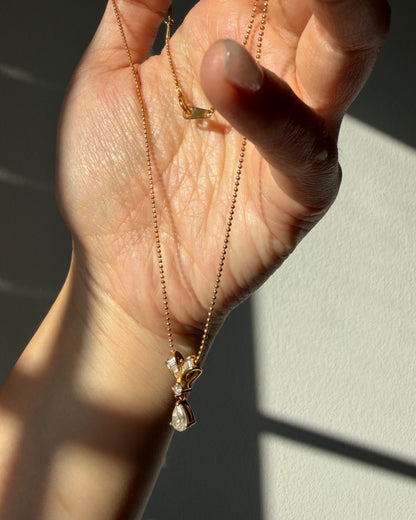 Vintage 18k Gold Baguette and Center Pear Diamond Bow Motif Ball Chain Necklace