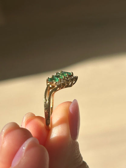 Vintage 18k Emerald Marquise and Diamond Chevron Ring: US Size 6