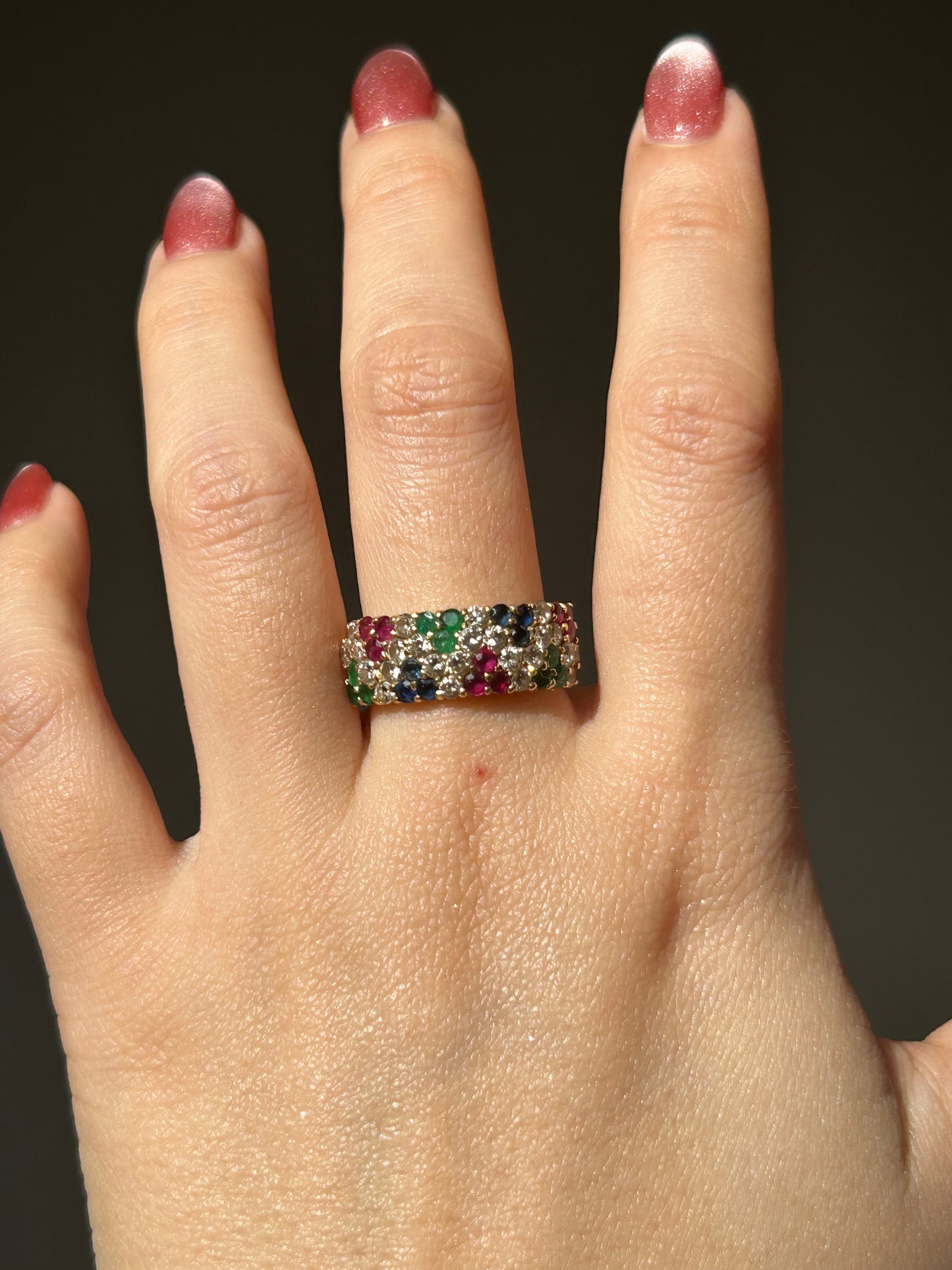 Vintage 18k Ruby Emerald Sapphire and Diamond Pave Ring