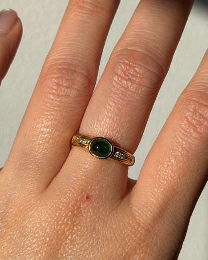 Vintage 18k Gold Bezel Set Green Garnet Cabochon Ring - Diamond Accents