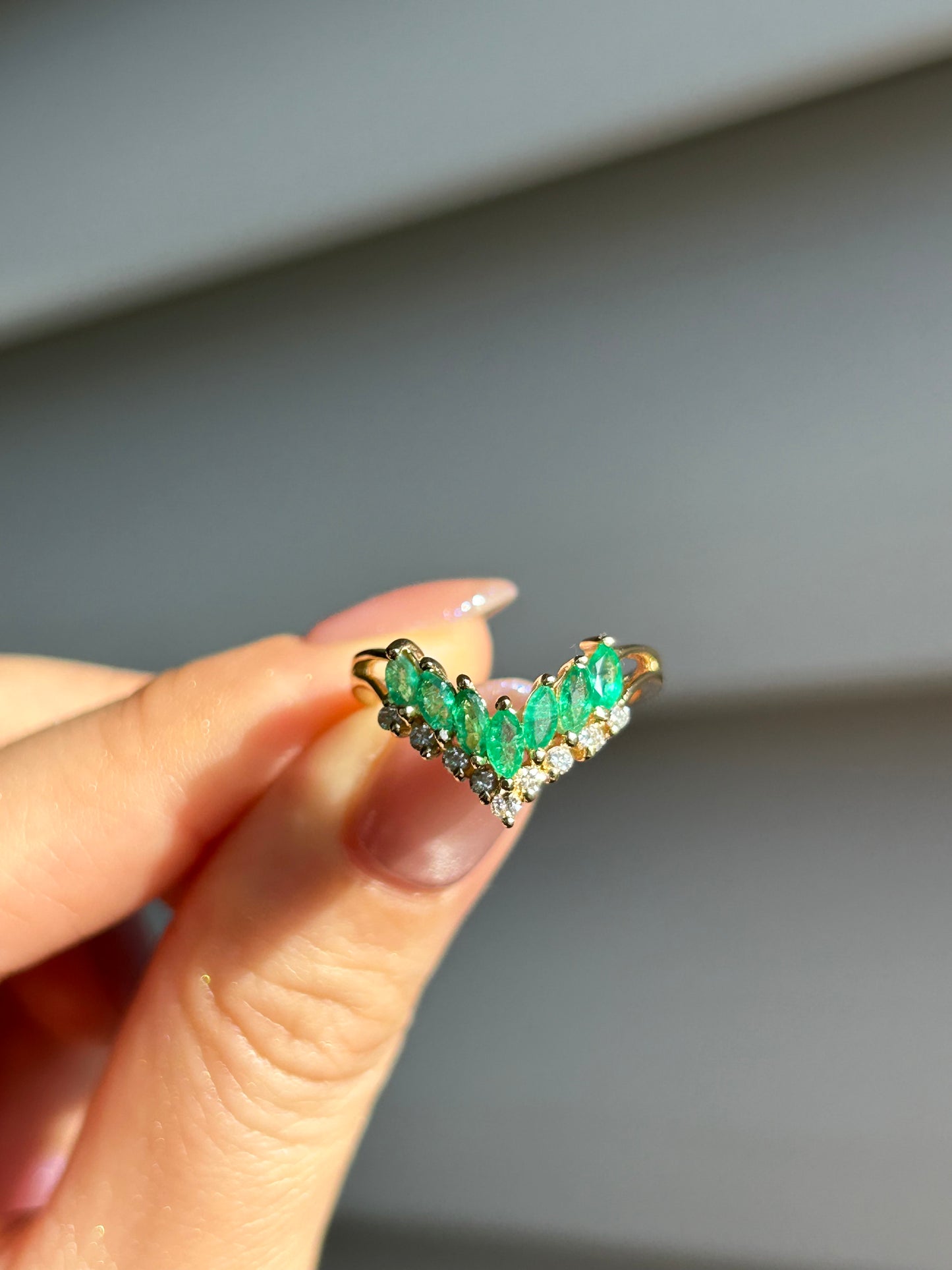 Vintage 18k Emerald Marquise and Diamond Chevron Ring: US Size 6