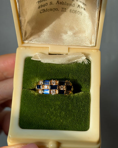 Vintage 18k Gold Baguette Sapphire and Diamond Checkered Ring