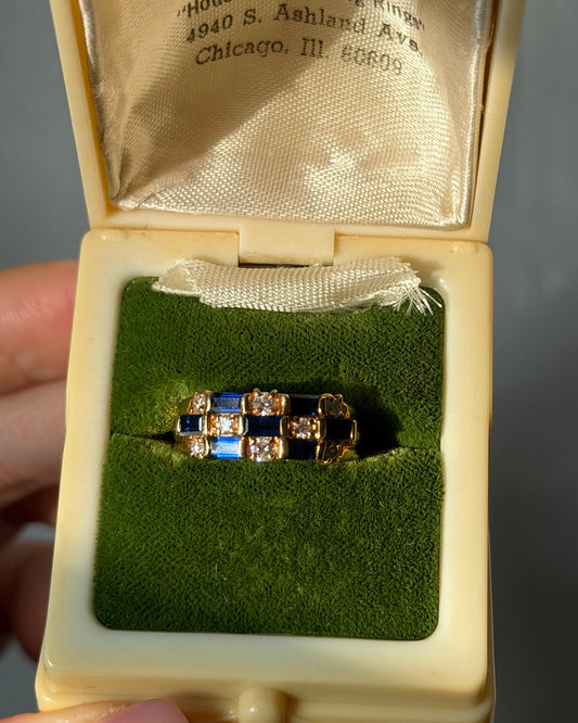 Vintage 18k Gold Baguette Sapphire and Diamond Checkered Ring