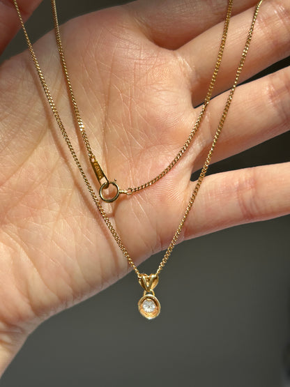 Vintage 18k Gold Bezel Set Diamond Necklace - Heart Bail Detail, Curb Chain
