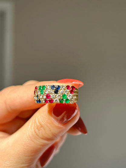 Vintage 18k Ruby Emerald Sapphire and Diamond Pave Ring