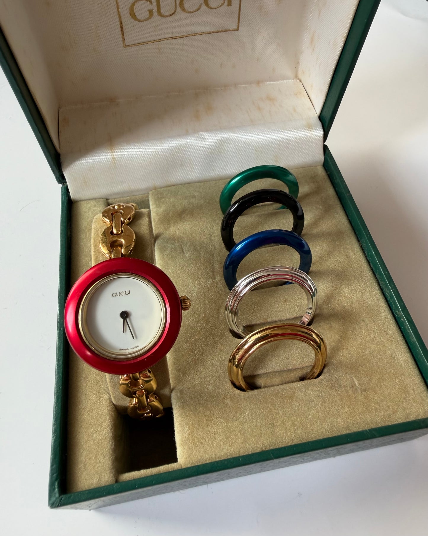 Vintage Gold Plated Stainless Steel Gucci Interchangeable Bezel Bracelet Watch - Full Set with Box