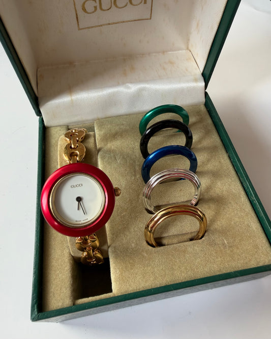 Vintage Gold Plated Stainless Steel Gucci Interchangeable Bezel Bracelet Watch - Full Set with Box