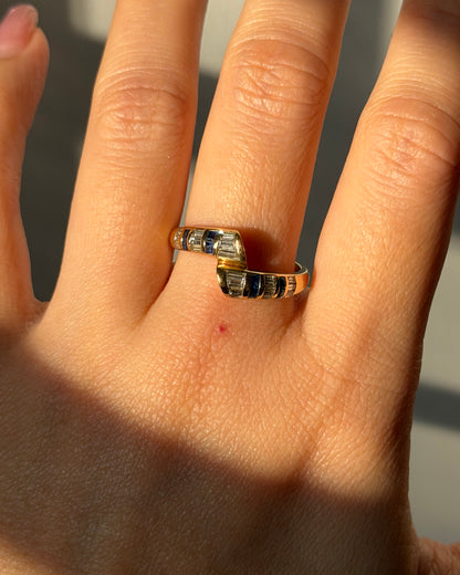 Vintage 18k Gold East-West Baguette Diamond and Sapphire Bypass Ring