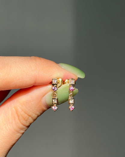 Vintage 18k Gold Pink Sapphire and Diamond Dangle Earrings