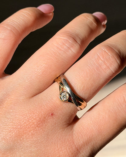 Vintage 18k Gold and Platinum Bezel Set Diamond Crossover Ring