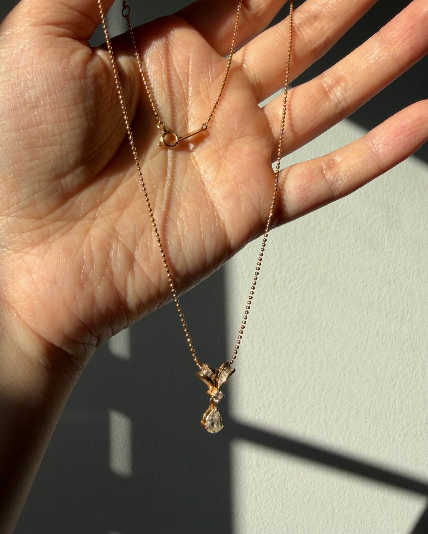 Vintage 18k Gold Baguette and Center Pear Diamond Bow Motif Ball Chain Necklace