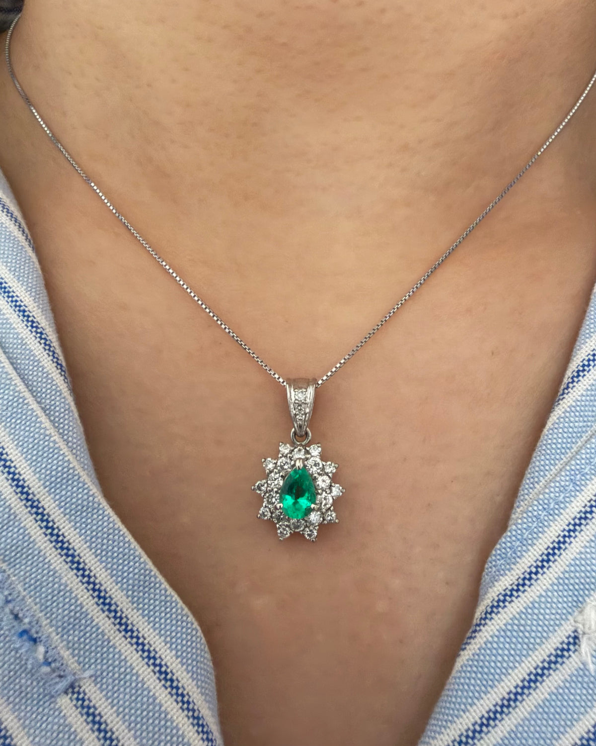 Vintage Platinum Pear Cut Emerald Double Diamond Halo Pendant