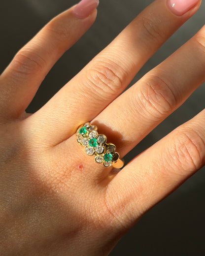 Vintage 18k Gold Emerald and Diamond Three Flower Band