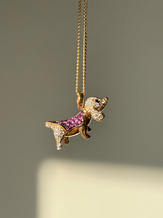 Vintage 18k Pink Gold Sausage Dog Pendant