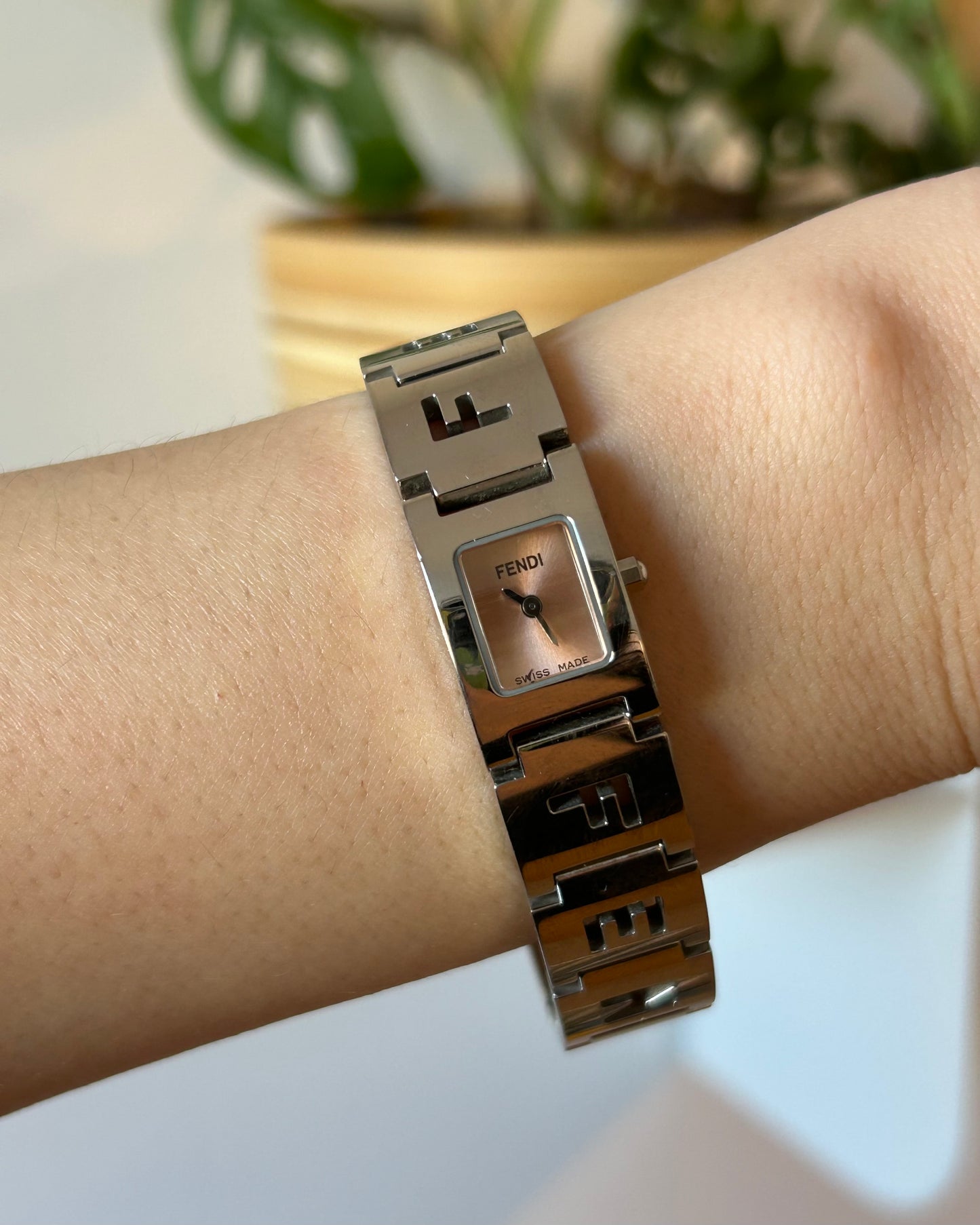 Vintage Y2K Fendi Logo Bracelet Watch — Pink Salmon Micro-Dial