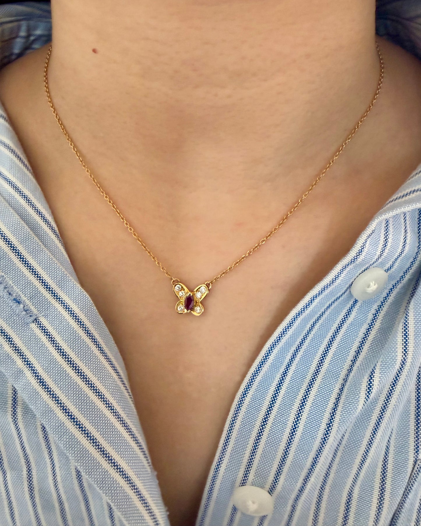 Vintage 18k Gold Marquise Cut Ruby and Diamond Butterfly Motif Necklace