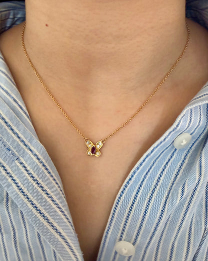 Vintage 18k Gold Marquise Cut Ruby and Diamond Butterfly Motif Necklace
