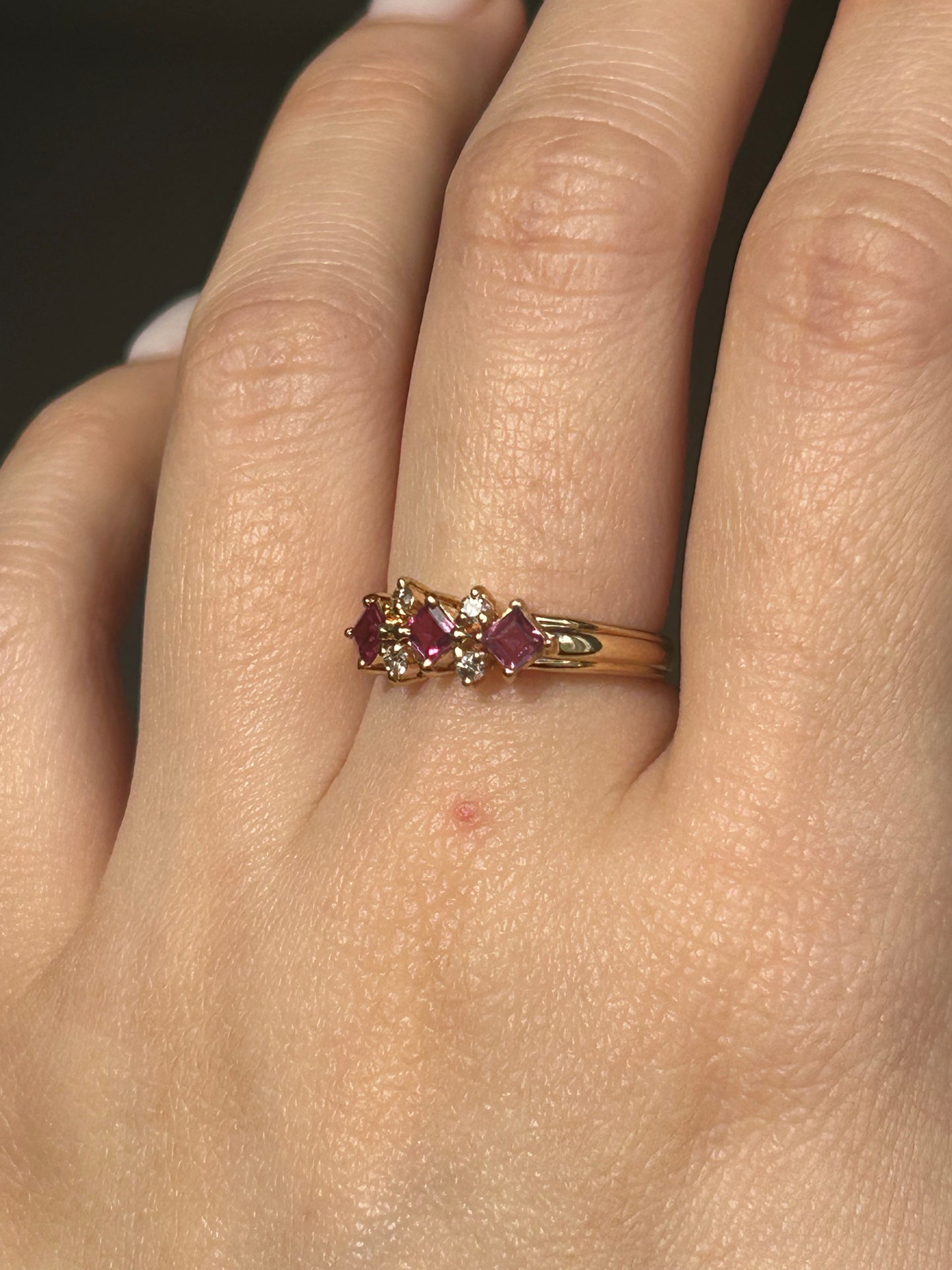 Vintage 18k Gold Square Cut Ruby and Diamond Stacking Ring