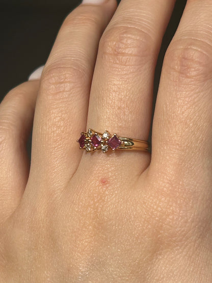 Vintage 18k Gold Square Cut Ruby and Diamond Stacking Ring