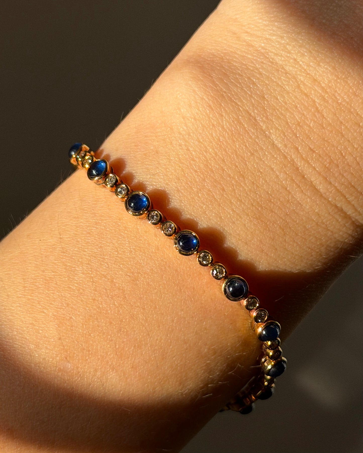 Vintage 18k Gold Bezel Set Sapphire Cabochon and Diamond Bracelet
