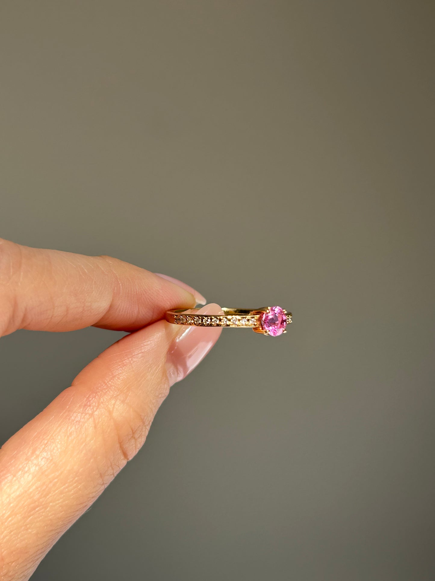 Modern Estate 18k Gold Pink Sapphire with Diamond Accent Ring