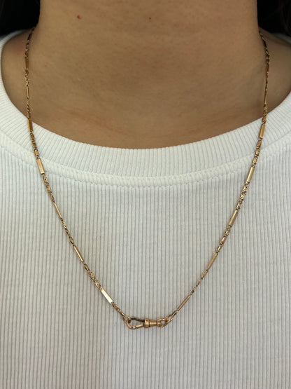 Antique 14k Rosy Yellow Gold Bar and Scroll Watch Chain with A Dog Clip