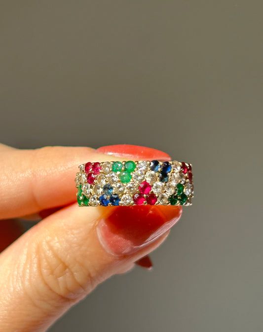 Vintage 18k Ruby Emerald Sapphire and Diamond Pave Ring