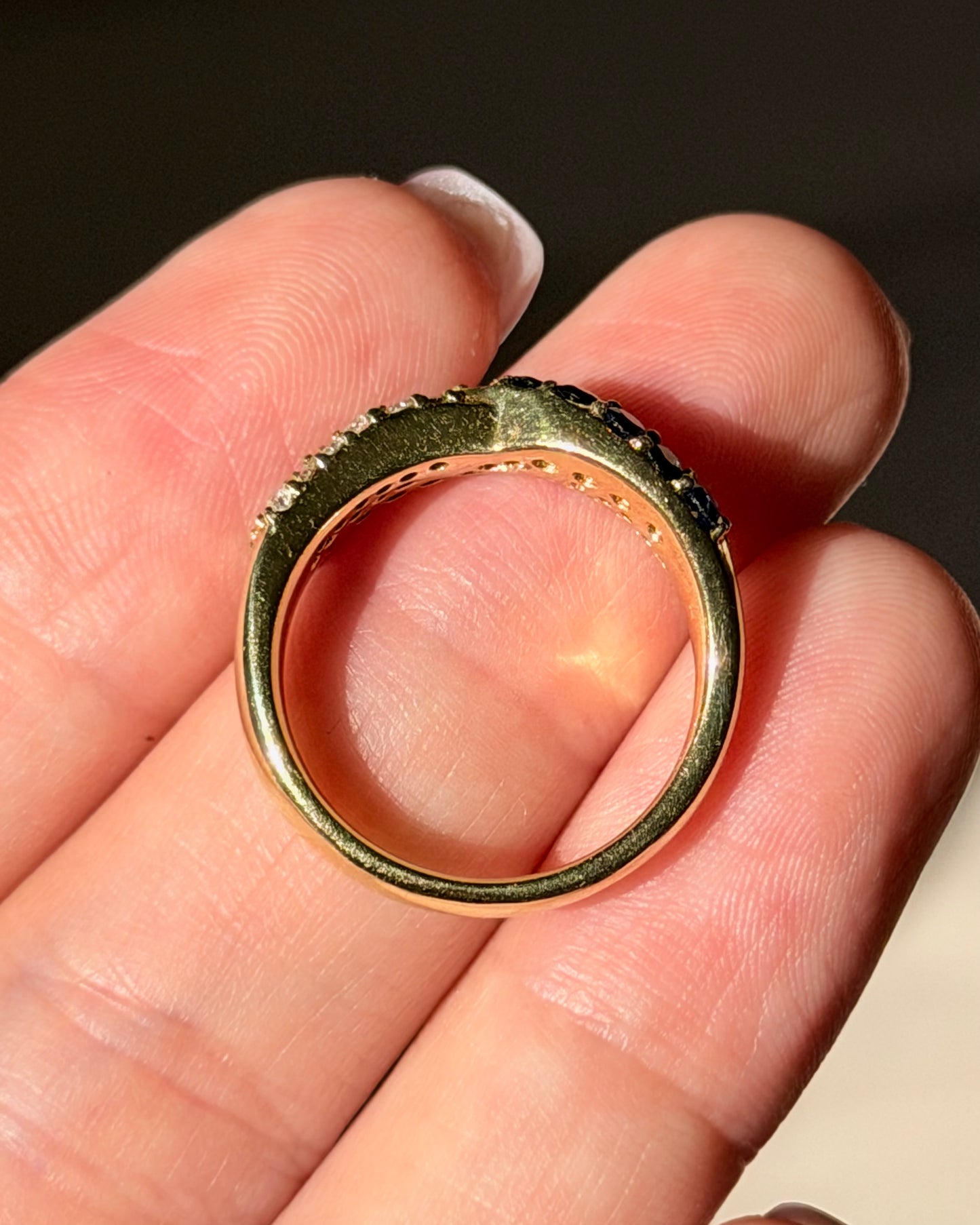 Vintage 18k Gold Pave Sapphire and Diamond Crossover Dome Ring