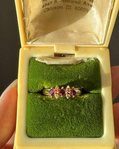 Vintage 18k Gold Square Cut Ruby and Diamond Stacking Ring