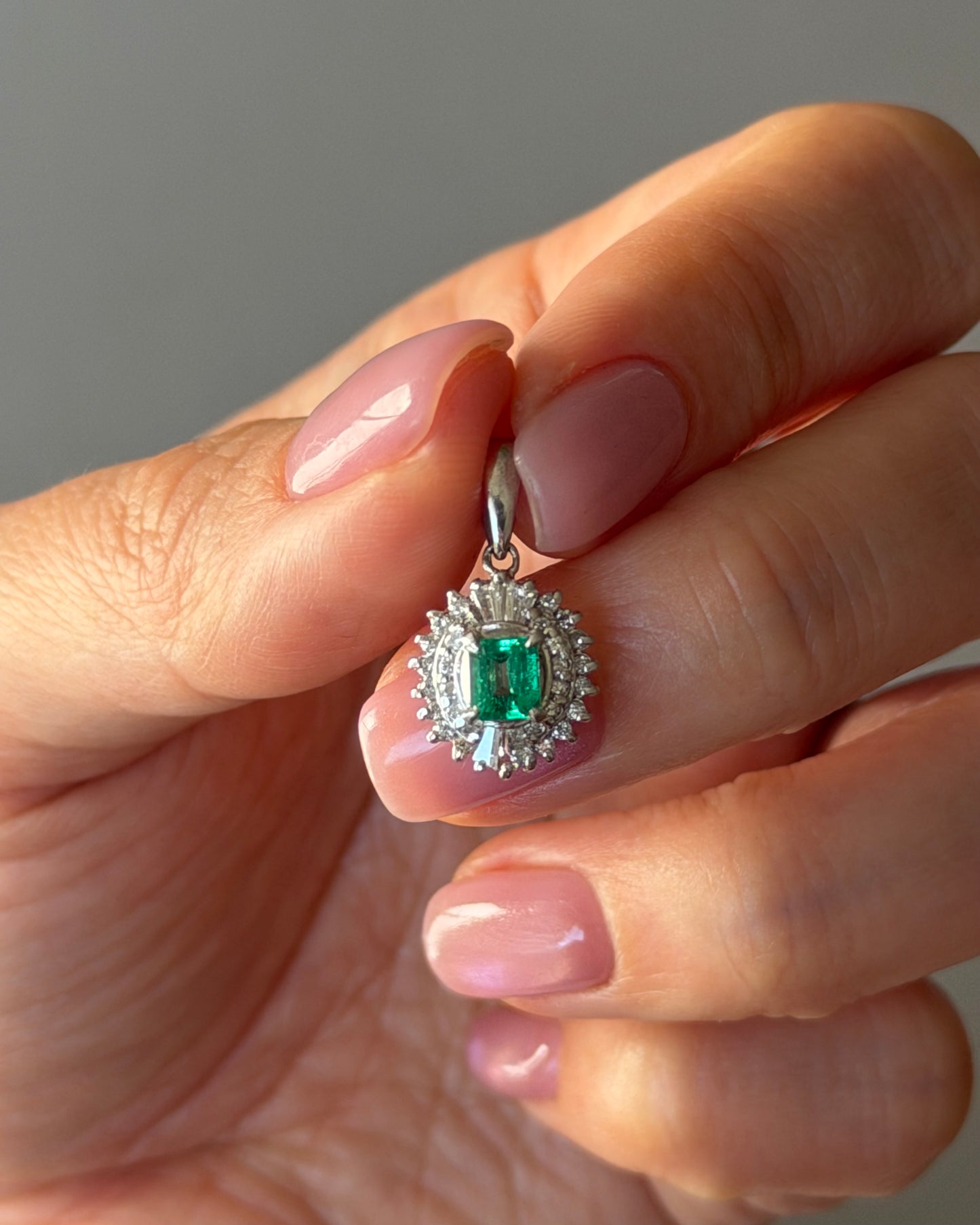 Vintage Platinum Emerald Diamond  Halo Pendant
