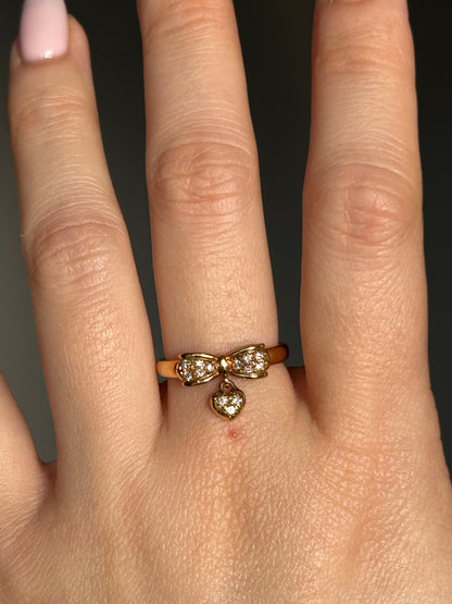 Vintage 18k Gold Diamond Bow Ring with Heart Charm
